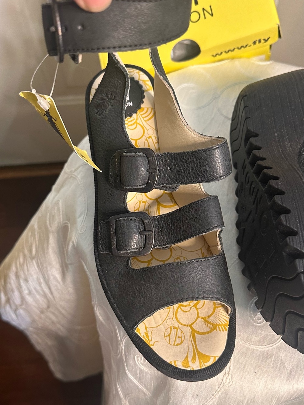 Fly London Black Leather Triple-Strap Wedge Sandals - Picture 6 of 8